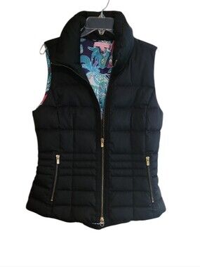 Lilly Pulitzer Black Quilted Puffer Vest with Floral Lining